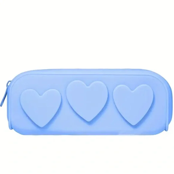 Sky Blue Indigo Hearts 💕 Silicone Makeup Cosmetic Pencil Travel Bag Kawaii Gym