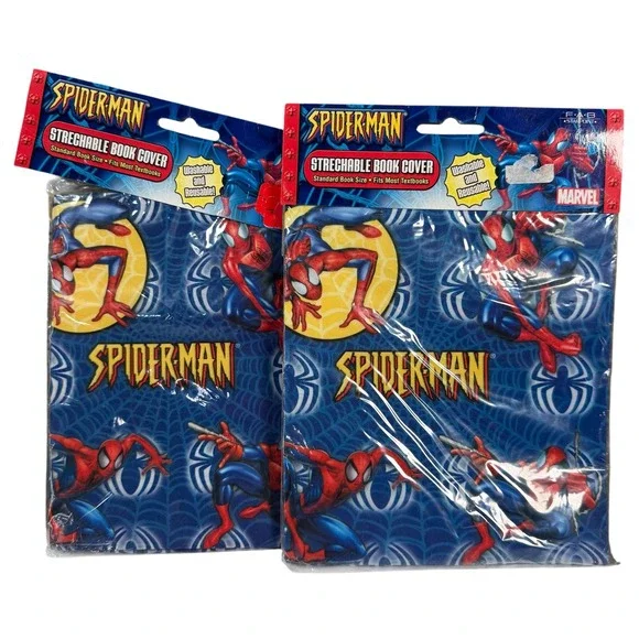 Marvel Spider-Man Stretchable Book Cover Blue Vintage 2005 Deadstock 2pk Bundle