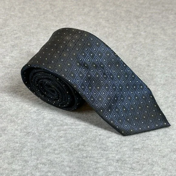 Lucio Lamberti Neck Tie Geometric Window Pane Print‎ Black Blue Handmade Silk