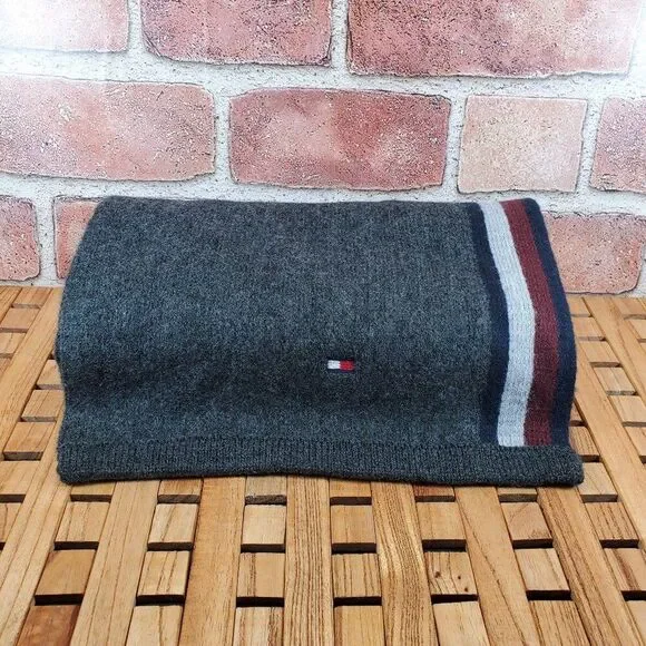 Tommy Hilfiger Men’s Wool Blend Scarf — Classic Gray with Signature Stripe