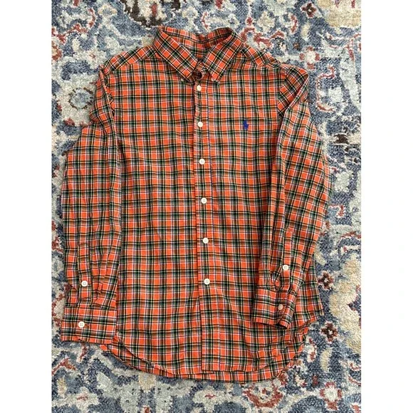 Ralph Lauren Plaid Button Down Shirt Kids M 10-12 Orange Green Good Preppy‎ Top