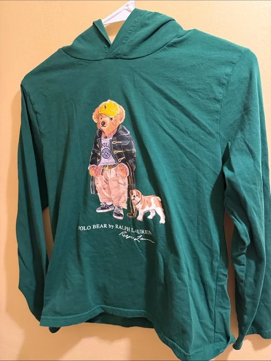 Ralph Lauren Green Hooded Polo Bear Graphic Kids Sweatshirt