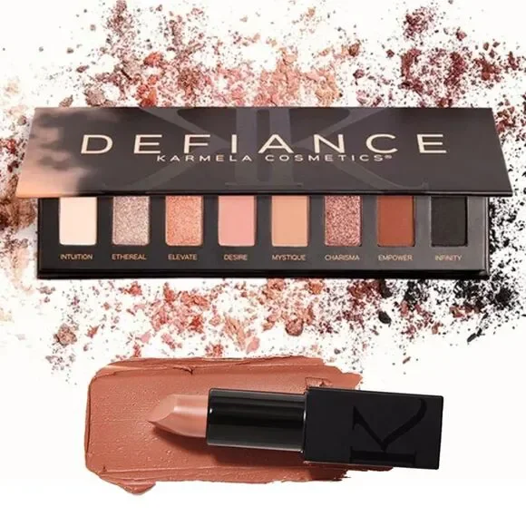NIB Karmela Defiance Nude Eyeshadow Palette & Silk Matte Lipstick in Divine