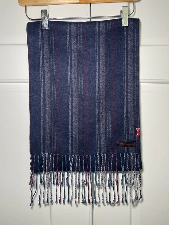 English Laundry 100% Silk Dark Navy Scarf with Gray and Red Stripes