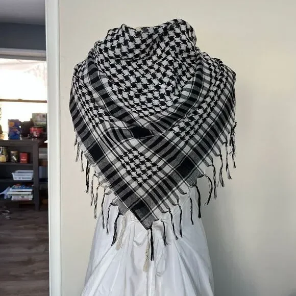 Black White Afghan Keffiyeh Cotton Military Scarf 40” x 40” Unisex NWOT
