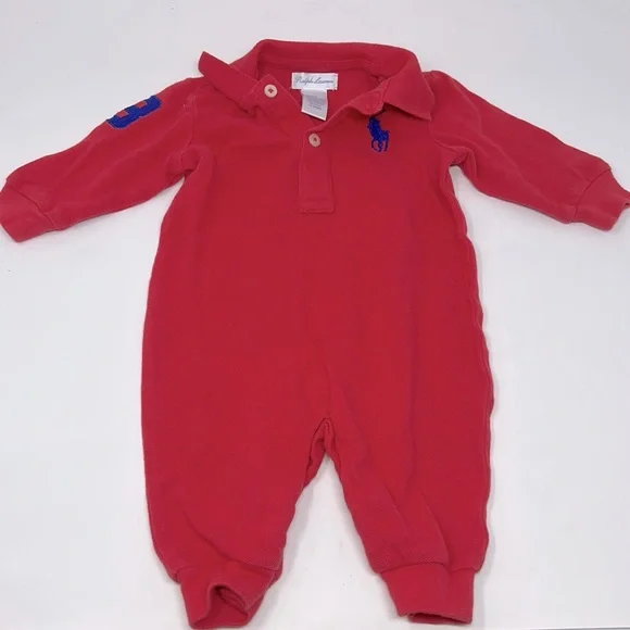Ralph Lauren Polo Red Long Sleeve Collared Pant Outfit Size 3 Months