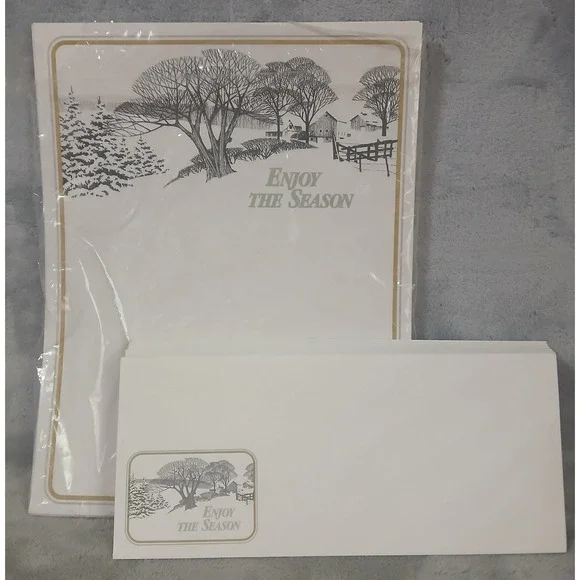 Vintage Enjoy The Season Winter Barn Stationery Set Letterhead and Envelopes