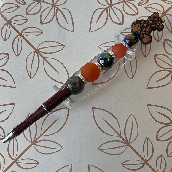 Teddy Bear Beaded Pen - Brown Orange Tones - Handmade