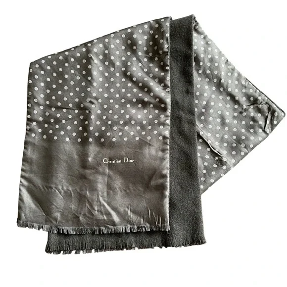 Christian Dior Mens Vintage Scarf Charcoal Grey Silk Floral Polka Dot 52x10