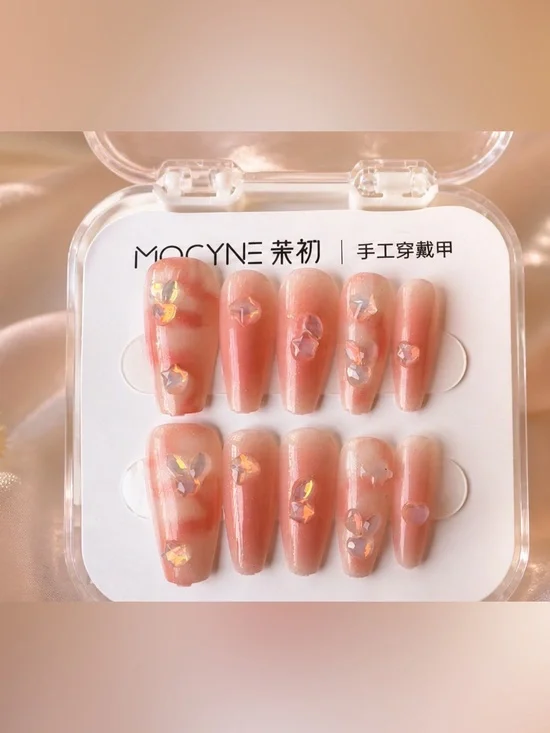 MOCYNE Marbled Press-On Nails with Iridescent Gems - 24 Nails + Prep Items