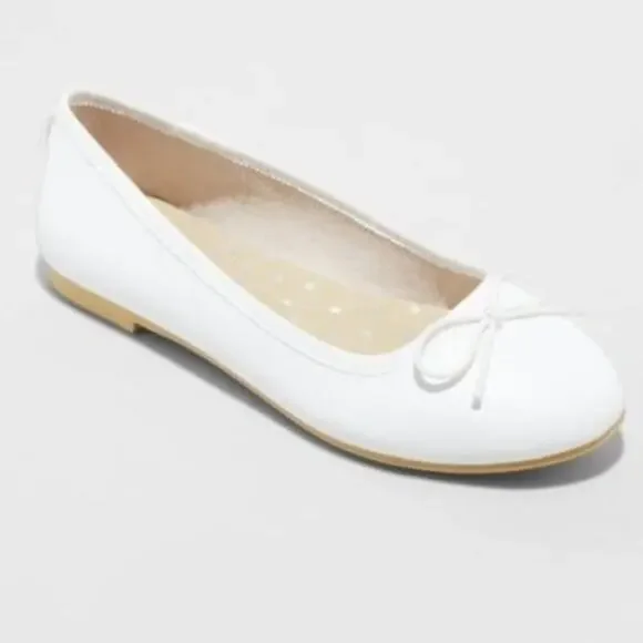 Cat & Jack Brand Girl's size 4 White Ballet Flats Slip On Bow Accent holidays