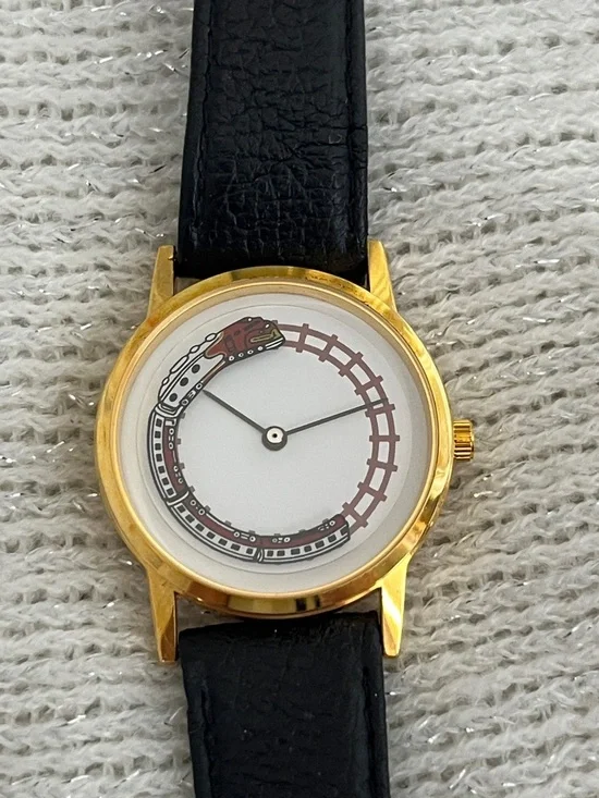 Railroad Train Classic Gold Case Black Leather Watch - Unbranded