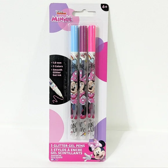 NEW DISNEY MINNIE MOUSE SMOOTH GLITTER GEL INK PENS, 3 COLORS, 1.0 mm