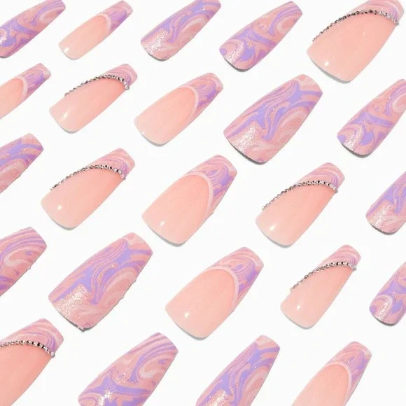 Purple Swirl Bling Squareletto Vegan Faux Nail Set - 24‎ Pack
