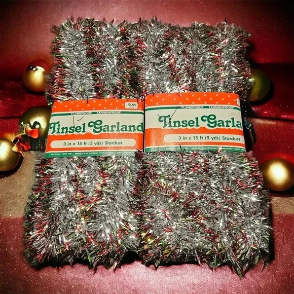 NOS Vtg Stardust Red Green Tinsel Christmas Garland 15 Ft Lot 2 Flame Resistant