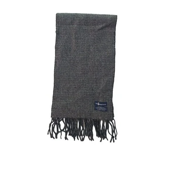 POLO Ralph Lauren Black Window Pane Gray Tweed Reversible Scarf Embroidered Logo
