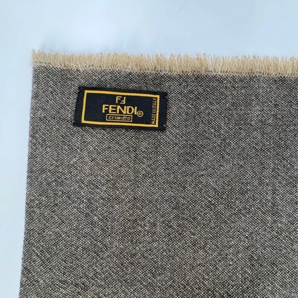 Fendi Cravatte Scarf Grey Brown Wool Blend Logo Border Made in Italy Fringe