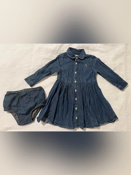 RALPH LAUREN - Shirred Denim Shirtdress and Bloomers - Size 18m