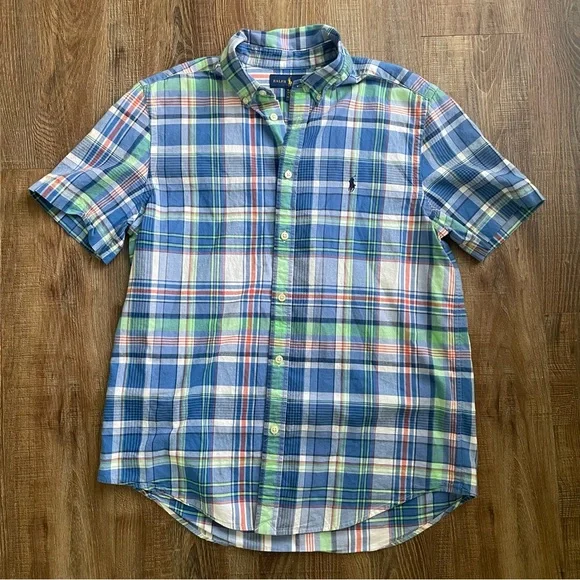 Ralph Lauren Boys XL 18-20 Blue Green Plaid Short Sleeve Button Down Shirt Pony