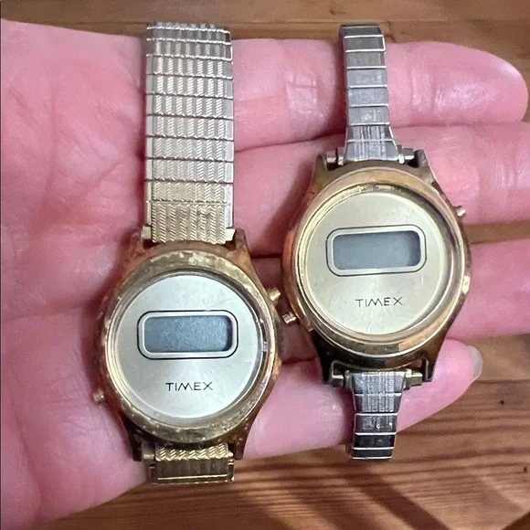 2 Vintage Timex F Cell Gold Tone Digital Women's Watch Stretch Band LCD AS IS