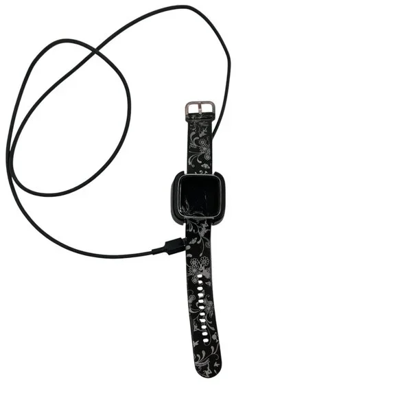 Fitbit Versa Smartwatch With Black & Silver Floral Band & Charger for Parts