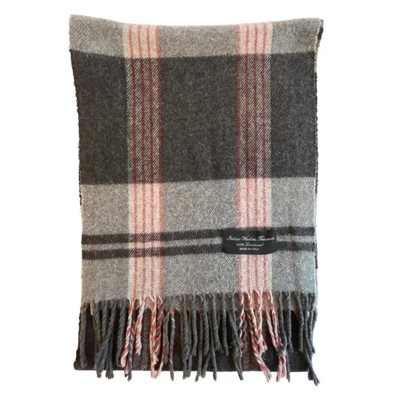 Italian Woollen Treasures Scarf 100% Lambswool Plaid Soft Cozy Black Grey Red