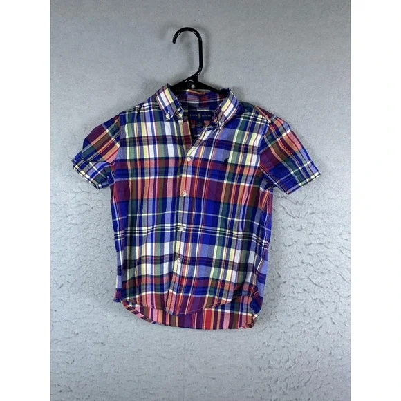 Ralph Lauren Shirt Boys 6 Multicolor Plaid Short Sleeve Button‎ Down Pony Logo