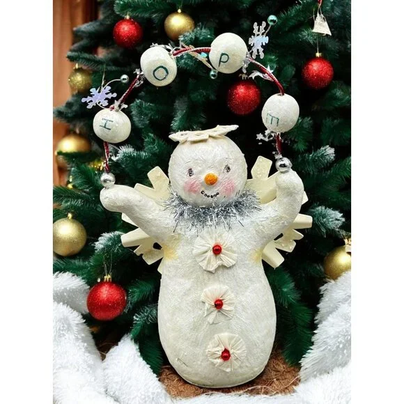 Vintage Primitive Snowman Angel Christmas Figurine Hope Garland Silver Accents