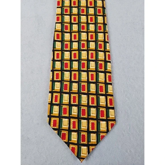 Rebae Silk Men's Neck Tie Gold Red Green Geometric Design