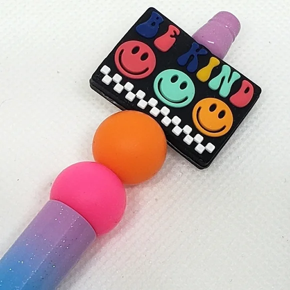 Glitter Gradient Rainbow Smiley Face Be Kind Beaded Silicone Focal Bead Pen