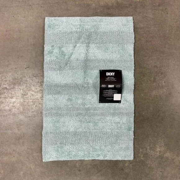 DKNY 20 x 32 Bath Rug Mat Mint Green Aqua Teal 100% Cotton Reversible Striped