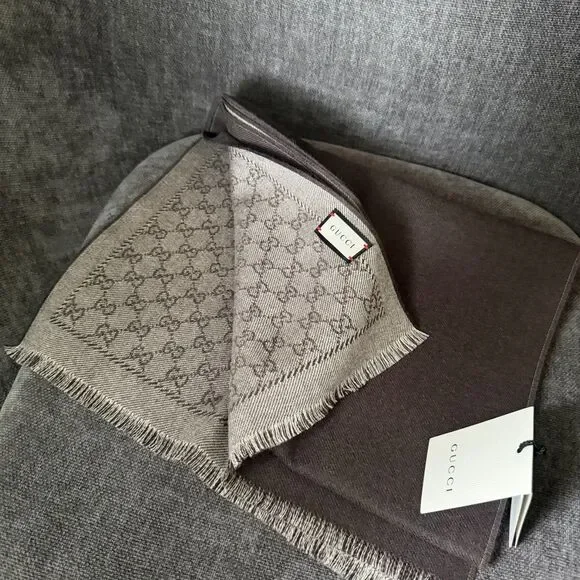 GUCCI Wool Reversible Scarf Stole All-Over Pattern Brown 402093 NEW