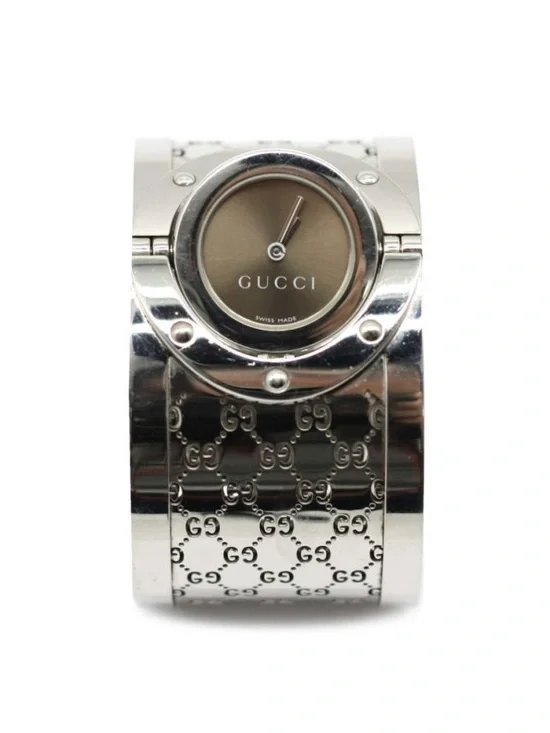 Gucci Silver 112 Twirl GG Pattern Cuff Watch with Gray Dial