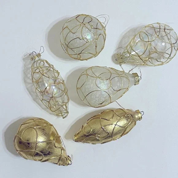 VINTAGE SILVESTRI Large Gold Clear Frosted Glass Deco Tree Ornaments Set of 6