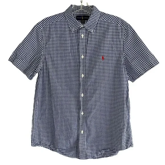 Ralph Lauren Boys Shirt Kids Size 18 20 Blue White Plaid Red Pony Short Sleeve