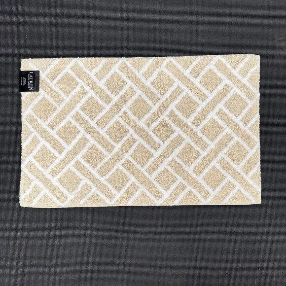 Ralph Lauren 21 x 34 Bath Rug Mat Cotton Beige Tan Geometric Striped Diamonds