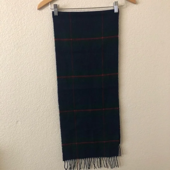 Johnston's of Elgin Scotland Lambswool Blue, Green & Red Plaid Fringe Scarf