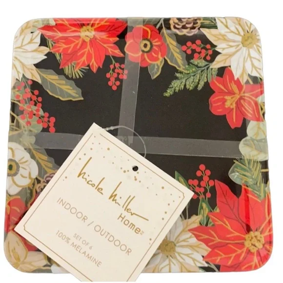 CHRISTMAS New NICOLE MILLER Black Red Floral Holiday Trays Set of 6