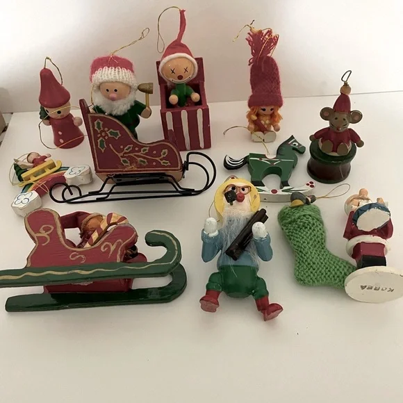 Vintage 1970s/1980s Wood Christmas Ornament Lot Kid Theme