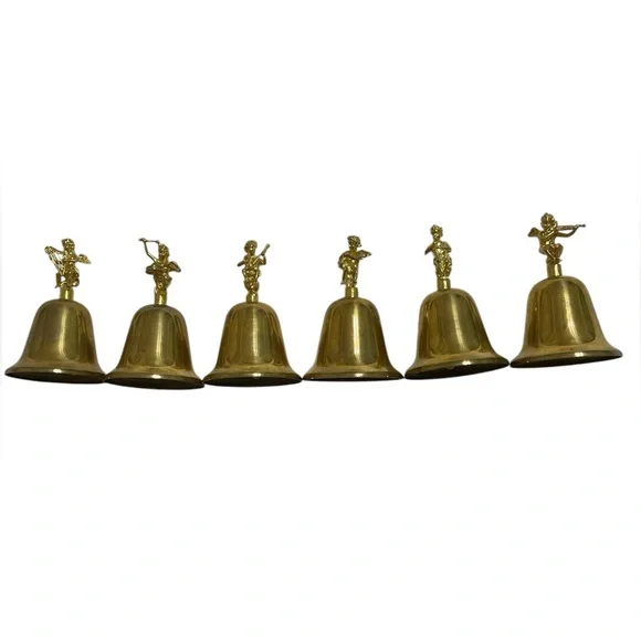 VINTAGE set/6 brass hand bells cherub/angel musical instrument figure handles