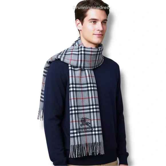 Vintage Burberry Nova Check Blanket Scarf Equestrian Knight Logo Grey Navy Blue