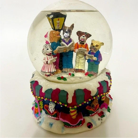 VINTAGE 90s Musical Snow Globe Caroling In The Company Of Dogs