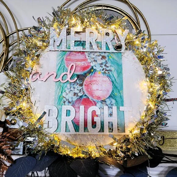 Nostalgic Pastel Retro Wreath with Tinsel trim and dewdrop fairy string lights