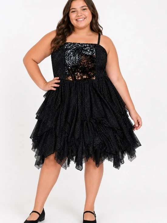 Justice Reversible Sequin Party Dress Black Gold Plus Size