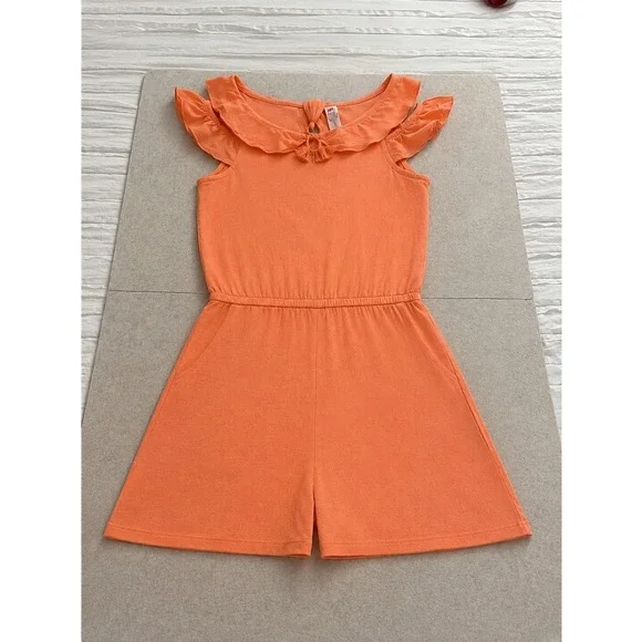 Justice Girls Coral Orange Cold Shoulder Ruffle Tassel Romper