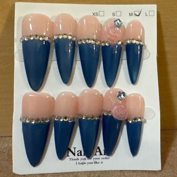 Navy Blue Nude Stiletto Press On Nails 3D Floral Rhinestone Medium Set 10pc
