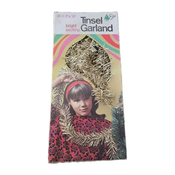 Vintage Tinsel Garland Bright Exciting Gold 1968 in Original Box 45 Ft Christmas
