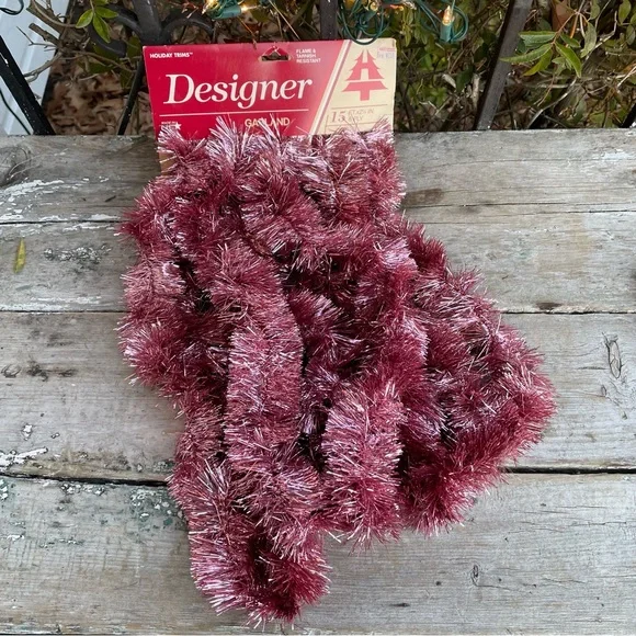Vintage 1995 pink metallic tinsel garland nwt 15 foot holiday decor