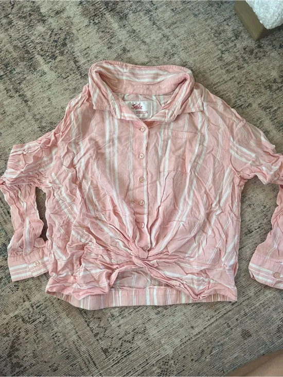 Justice Pink and White Striped Tie-Front Button-Down Shirt