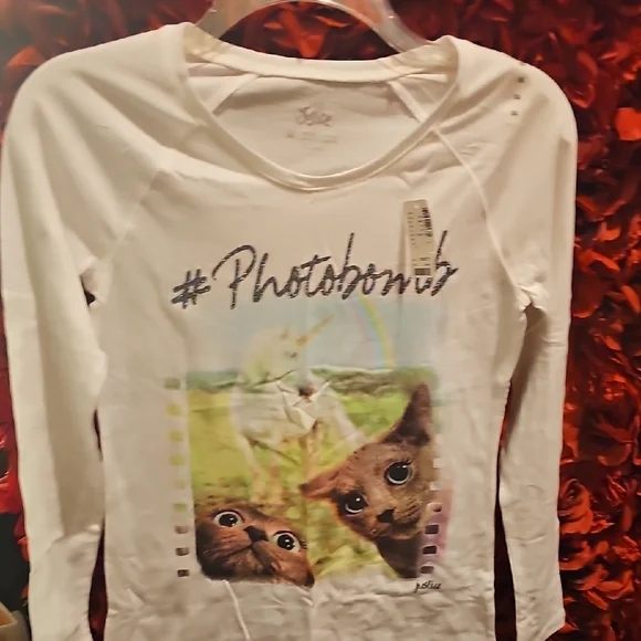 Justice NWT Girls Long Sleeve Cat Print #Photobomb Shirt Size 14